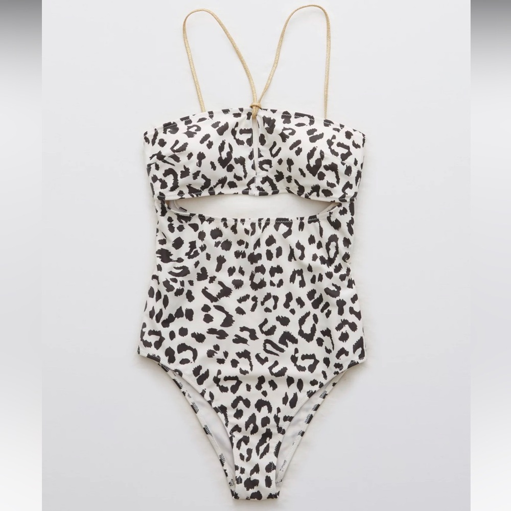 Aerie Leopard Cut Out Bandeau One Piece Swimsuit
